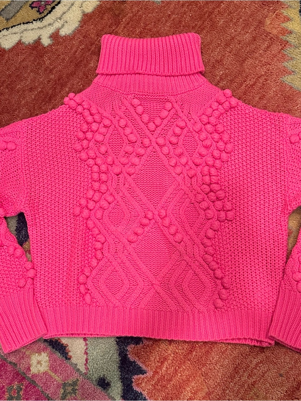 REVOLVE Bright Pink Pom-Pom Cable Turtleneck Sweater